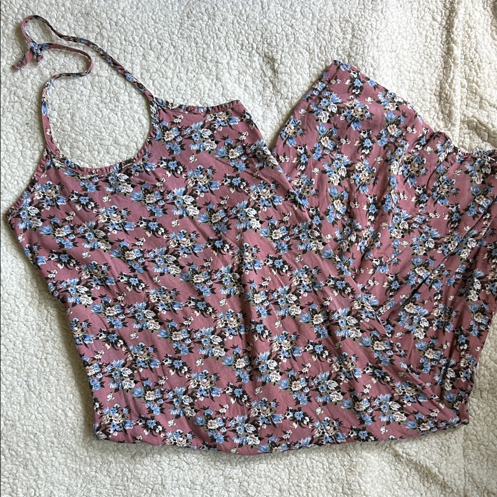 Vintage Floral Halter Midi Dress Mauve Blue White Flowers